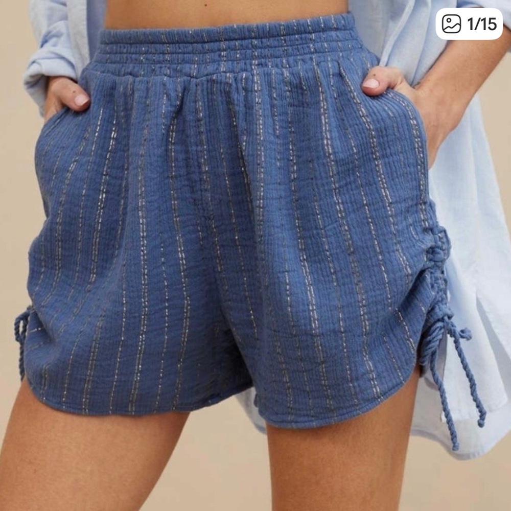 Aerie Women's Blue Metallic Stripe Drawstring Shorts